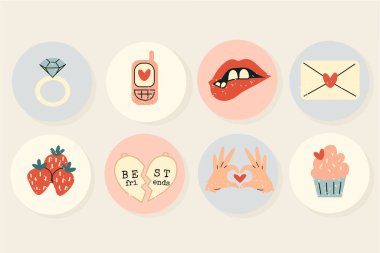 Sevgililer Günü, 14 Şubat, aşk, romantik. Renkli kapak ya da çıkartma tasarımı. Yuvarlak rozetler ya da rozetler bej, pembe, mavi, kırmızı renklerde. Vektör düz şirin illüstrasyonlar 