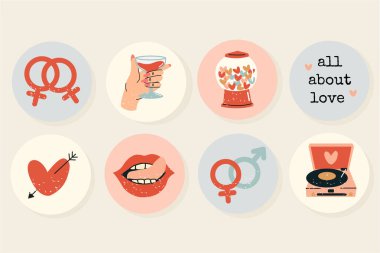 Sevgililer Günü, 14 Şubat, aşk, romantik. Renkli kapak ya da çıkartma tasarımı. Yuvarlak rozetler ya da rozetler bej, pembe, mavi, kırmızı renklerde. Vektör düz şirin illüstrasyonlar 