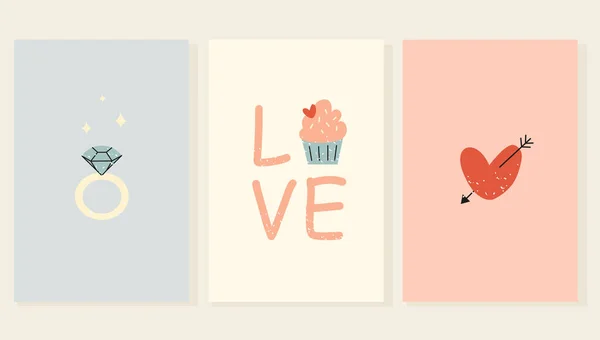 Sevgililer Günü için üç minimalist kart seti. Nişan yüzüğü, kalp keki.
