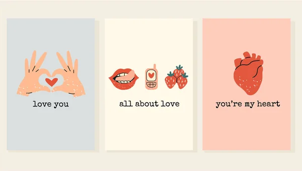 Sevgililer Günü için üç kart seti. Anatomik kalp, cep telefonu, dilli kadın ağzı, çilek, kadın eli ve çeşitli güzel sloganlar.