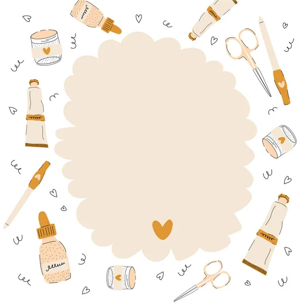 Not kağıdı, şişelerde, kavanozlarda cilt için tüplerde ve manikür araçlarında moda karalama tarzında ürünlerle dolu liste şablonu yapmak için. Vektör çizimi. Kız tarzı..