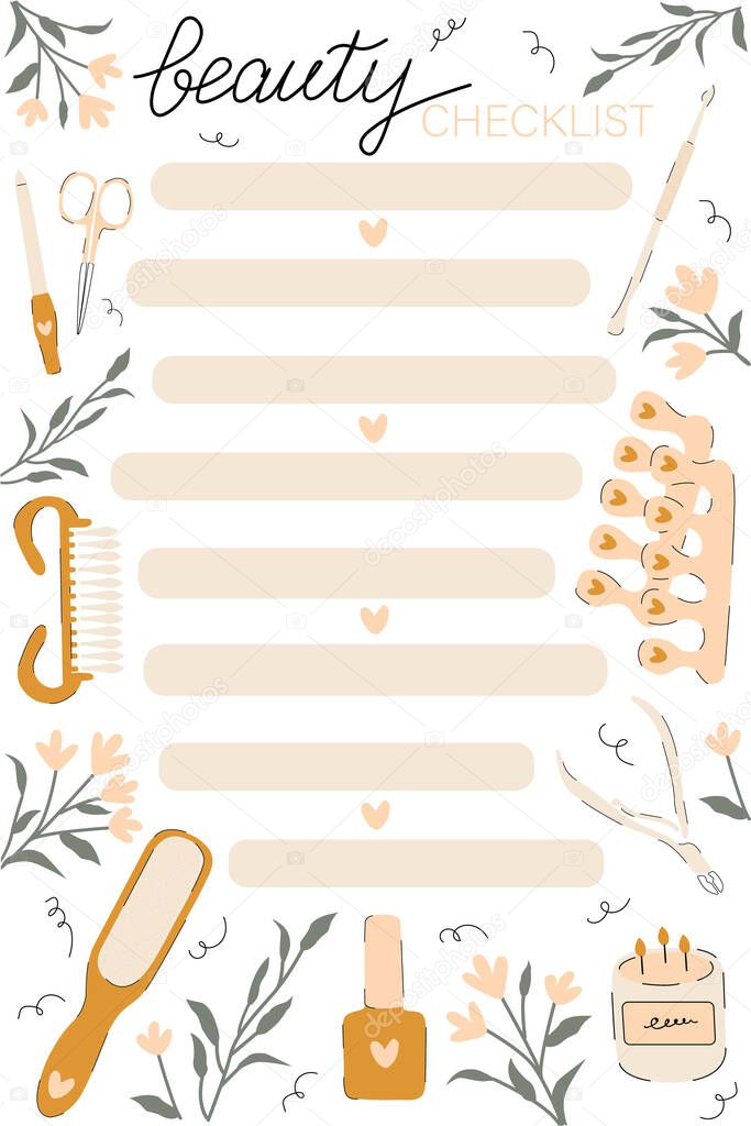Beauty checklist template. Cute checklist, note paper, to do list with hand drawn manicure tools and flowers on background. Modern flat design. Vector illustration