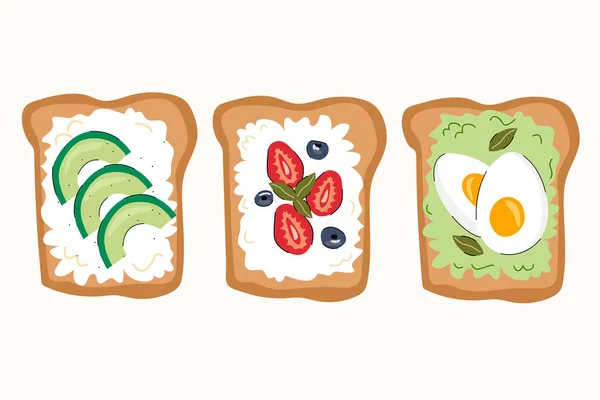 Chutná Snídaně Zdravá Výživa Různé Přípitky Vařená Vejce Avokádové Toasty — Stockový vektor