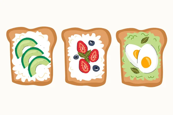 Lezzetli bir kahvaltı. Sağlıklı gıda konsepti. Çeşitli kadehler. Haşlanmış yumurta, avokado tostu, çilek, yabanmersini, krem peynir. Renkli vektör beyaz arkaplanda izole edildi