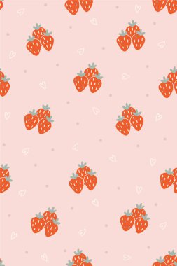 Cute seamless vector pattern with colouful strawberries, hearts, dots. St. Valentines day pattern design, wallpaper, digital paper, background