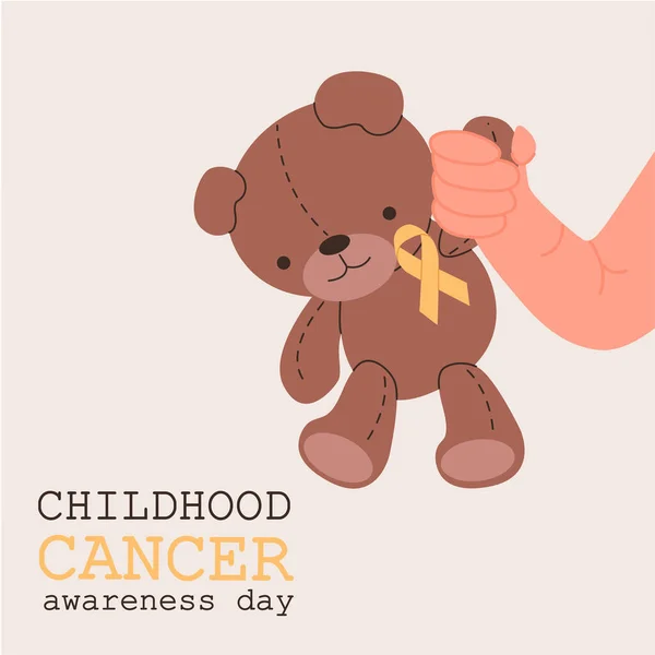 Çocukluk kanseri farkındalığı. Kanser savaşının sembolü olarak sarı kurdeleli oyuncak ayı. Harflerle vektör illüstrasyonu