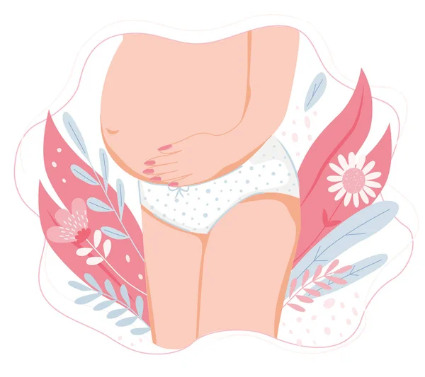 Pregnant woman holds her belly.  Concept flat vector illustration in cute cartoon style, health, care, pregnancy. Floral background