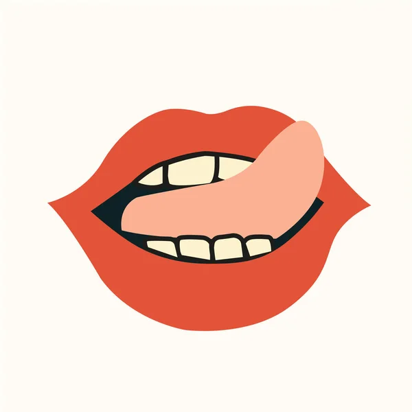 Kırmızı dudaklı ve dilli bir ağız. Beyaz üzerine izole edilmiş çizgi film tarzında düz simge ya da logo. Vektör illüstrasyonu.