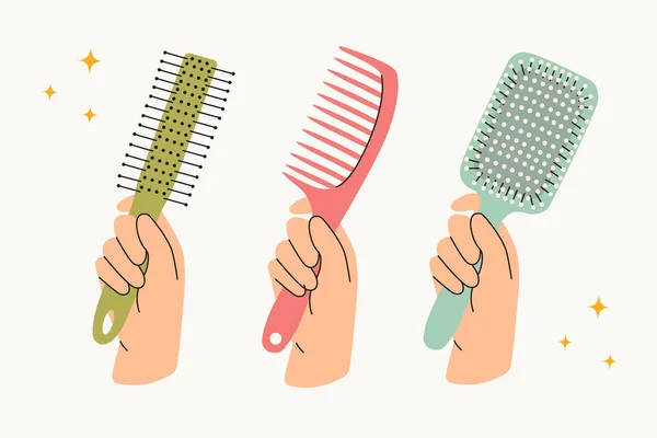 Çeşitli renkli saç fırçalarını tutan kadın elleri. El çizimi çizgi film stili vektör çizimi 