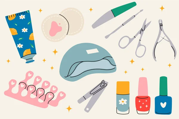 Çeşitli manikür aksesuarları, ekipmanlar, aletler. Tırnak makası, tırnak törpüsü, cımbız, tırnak cilası, el kremi, pamuk pedi vs. El çizimi renkli vektör illüstrasyonu
