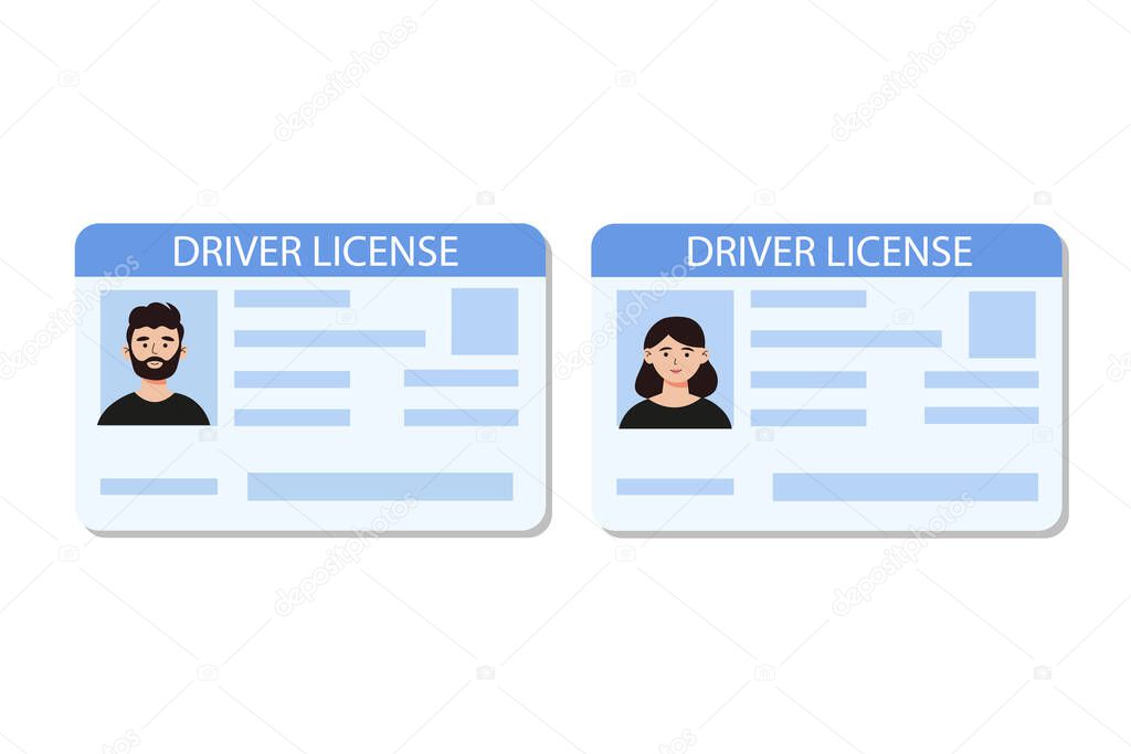 Driver license, Identity card, ID card with man and woman photos. Hand drawn vector illustration in flat style