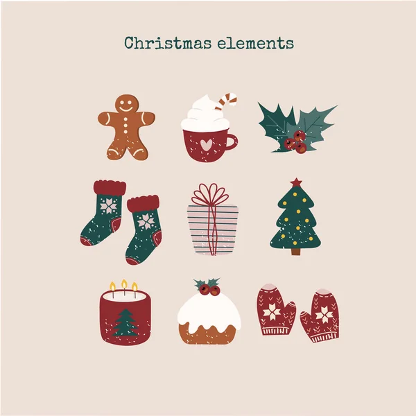 Renkli Noel ya da Yeni Yıl karalama elementleri seti. Noel ağacının vektör vektör ikonları, Holly, örgü çorap, eldiven, mum, zencefilli ekmek adam, bastonlu şeker kupası. Tüm nesneler izole edilmiştir 