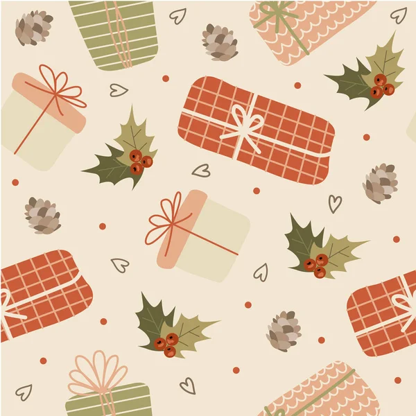 Tatlı mevsimsel elementlerle kusursuz bir Noel deseni. Düz biçimli vektör illüstrasyonu
