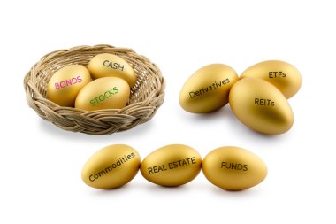 Golden eggs with various type of financial and investment products.