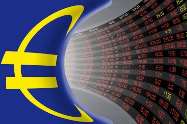 Günlük borsa fiyat ve kotasyonlar büyük bir ekran ile Avrupa Birliği bayrağı.