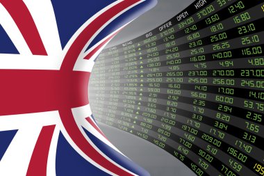 Flag of the United Kingdom with a large display of daily stock market price and quotations. clipart