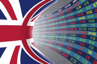 Flag of the United Kingdom with a large display of daily stock market price and quotations. clipart