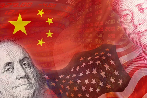 Abd ve Çin bayrakları ve Benjamin Franklin ve Mao Zedong yüzleri günlük borsa fiyatları ve kotasyonlar görüntüler ile. 