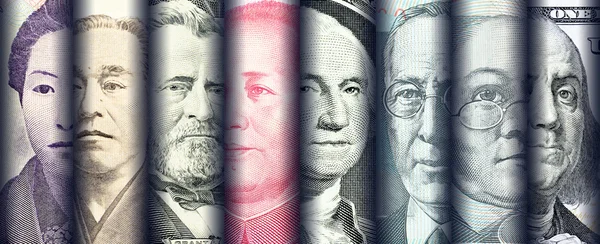 A bankjegyekkel foglalkozó híres vezető portréi, képei, a világ legdominánsabb országainak valutái. — Stock Fotó