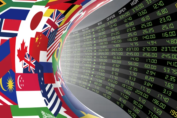 Flags of main countries in the world with a display of daily stock market price and quotations. — Stock Photo, Image