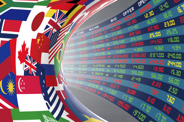 Flags of main countries in the world with a display of daily stock market price and quotations.