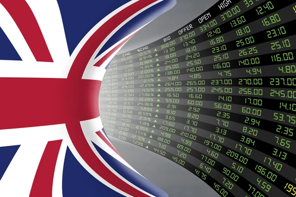 Flag of the United Kingdom with a large display of daily stock market price and quotations. — Stock Photo, Image