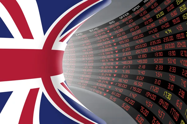 Flag of the United Kingdom with a large display of daily stock market price and quotations. — Stock Photo, Image
