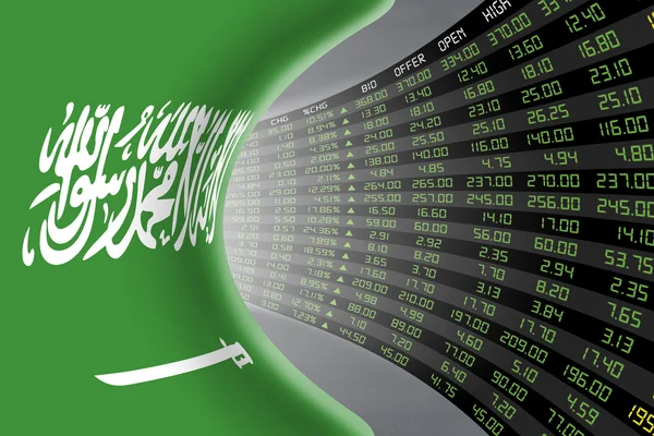 National flag of Saudi Arabia with a large display of daily stock market price and quotations. — Stock Photo, Image