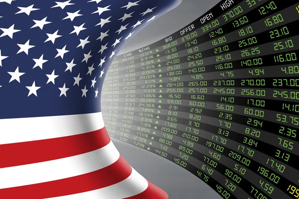 Bandiera degli Stati Uniti d'America con una grande esposizione del prezzo di mercato azionario giornaliero e quotazioni . — Foto Stock