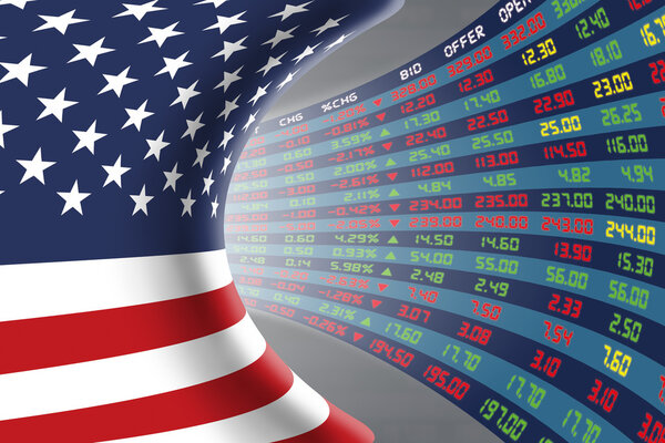 Flag of the United States of America with a large display of daily stock market price and quotations.