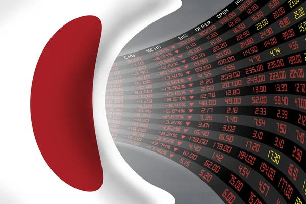 Bandera de Japón con una gran pantalla de precio de mercado de valores diario y cotizaciones . Fotos de stock