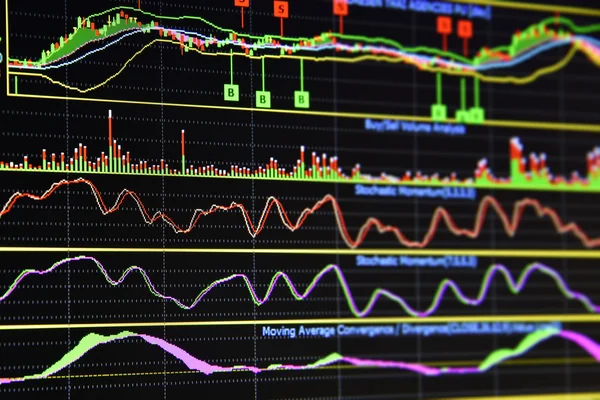 Diagramme der Finanzinstrumente auf dem Bildschirm eines Computers. — Stockfoto