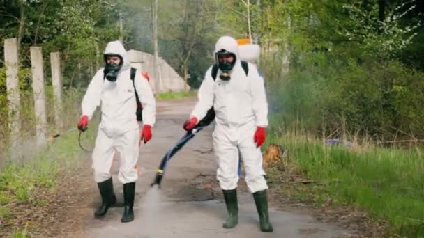 Epidemiologen in Atemschutzmasken sprühen Zeckenschutzmittel auf Straße — Stockvideo