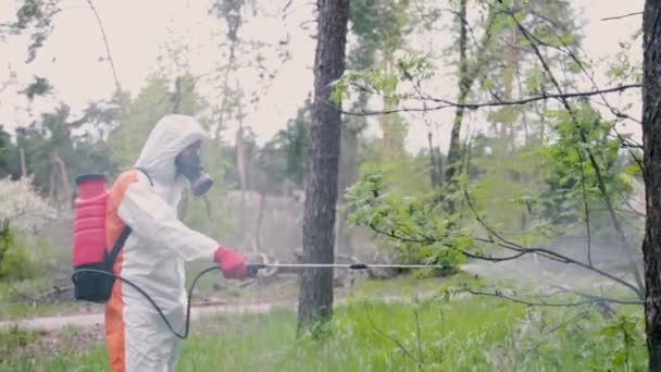 Pekerja disinfeksi dalam pakaian pelindung penyemprot penolak — Stok Video