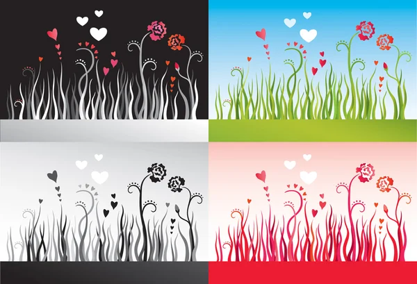 Conjunto de fondos con hierba, flores y corazones vector — Vector de stock