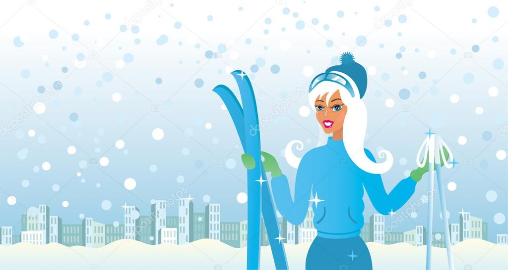 Sporty girl with skis vector illustration
