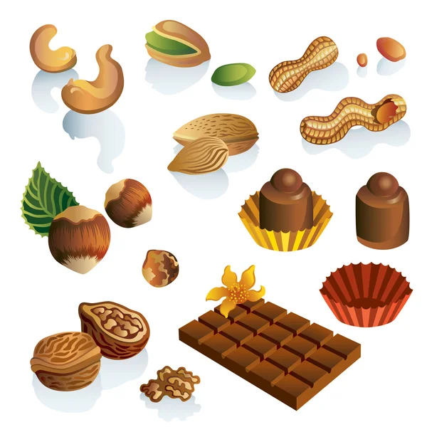 Conjunto de frutos secos y chocolate dulces vector — Vector de stock