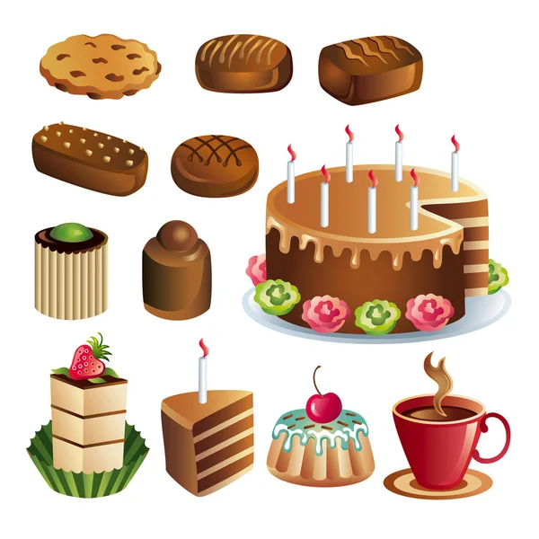 Σύνολο Κεράσματα σοκολάτας και κέικ εικονίδια διάνυσμα — Διανυσματικό Αρχείο