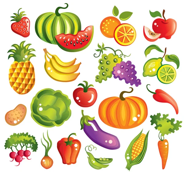 Набір фруктів та овочів Векторні ілюстрації Ліцензійні Стокові Вектори