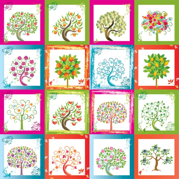 Sixteen original vector trees with frames that can go as seamles — Stock Vector