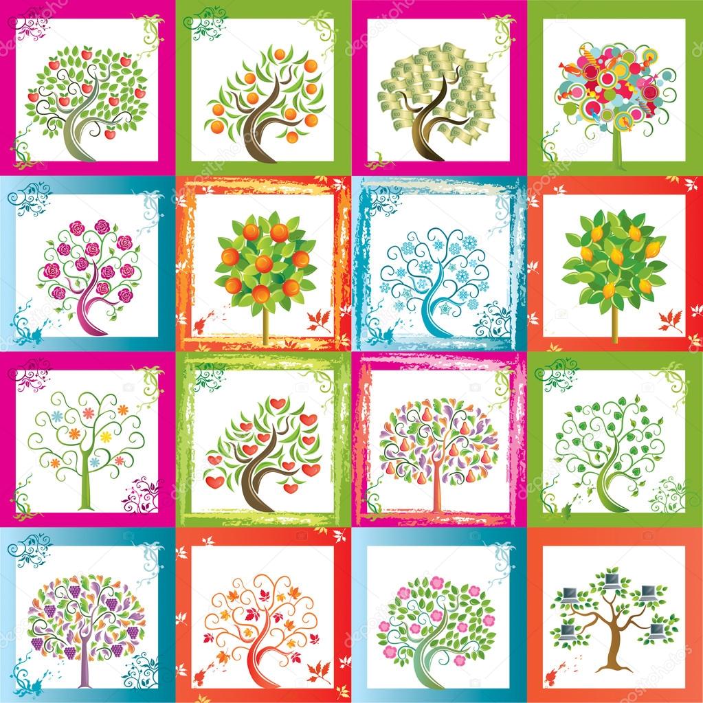 Sixteen original vector trees with frames that can go as seamles