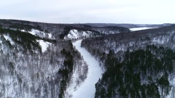 Een Bevroren Rivier Taiga Rotsachtige Oevers Een Winterbos — Stockvideo