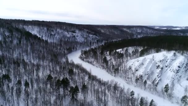 Fiume Ghiacciato Nella Taiga Sponde Rocciose Una Foresta Invernale — Video Stock