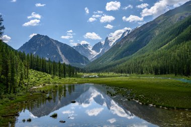 Dağ gölünün mavi suyu. Güzel dağ manzarası. Shavlinsky gölleri, Altai.