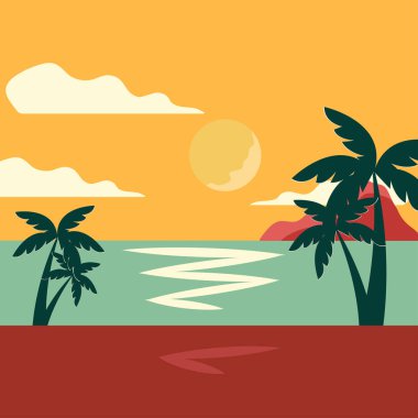 Yaz günbatımını okyanusun üzerinde, dağ manzaralı palmiye ağaçları ile çevrili.