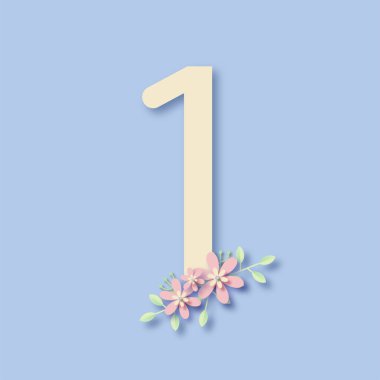  Çiçeklerle süslenmiş çiçek numaraları. 1 numara botanik yapraklar ve çiçekler. Düğün davetiyesi ve kart tasarımı için.