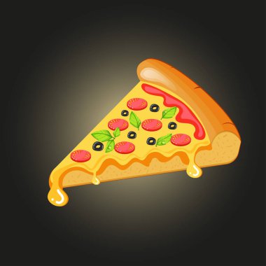 Bir dilim lezzetli aromalı pizza margarita domates ve peynirli, fesleğen yapraklarıyla süslenmiş