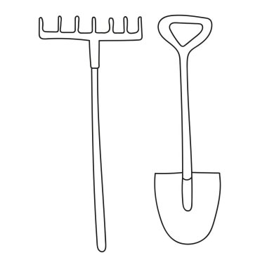 bahçe aletleri karalama tarzında tırmık ve kürek