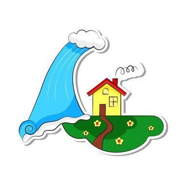 Tsunami ekolojik felaketi. Evin üzerinde büyük bir dalga var.