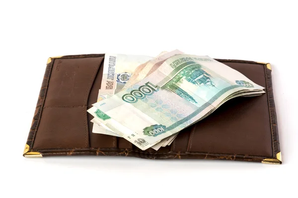 Шкіряний гаманець з грошима ізольовано — стокове фото